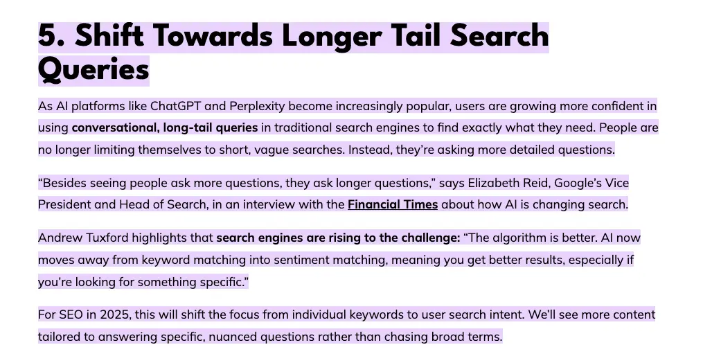 Exposure Ninja's blog on 7 Critical SEO Trends in 2025 (and How to Adapt) being cited in Google's AI Mode for "Biggest trends in SEO" and screenshot of the cited section, highlighting copy and subheader