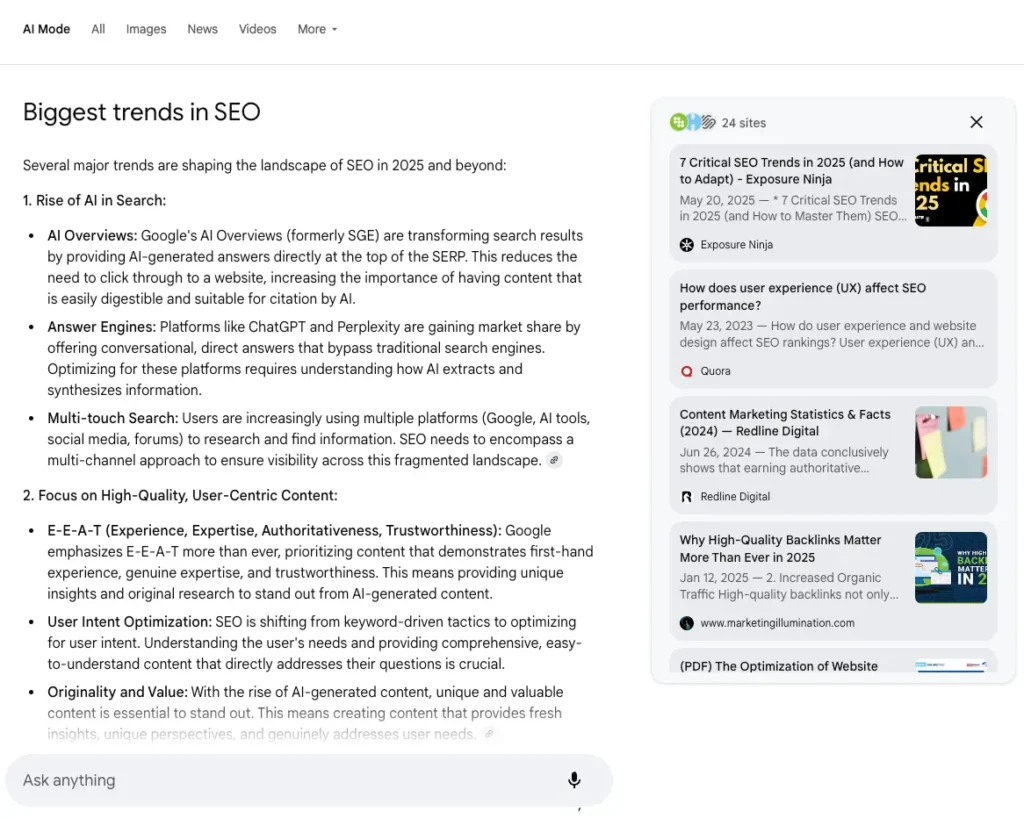 Exposure Ninja's blog on 7 Critical SEO Trends in 2025 (and How to Adapt) being cited in Google's AI Mode for "Biggest trends in SEO"