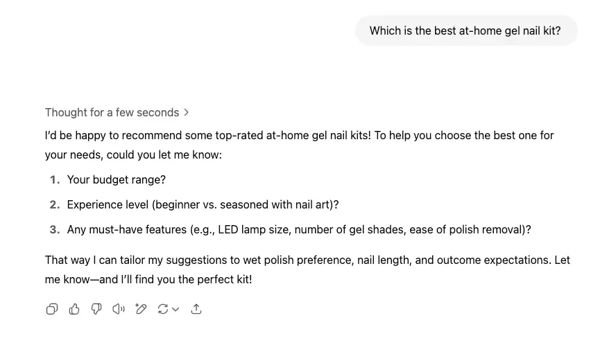 ChatGPT asking follow-up questions to provide more personalised response to query "Which is the best at-home gel nail kit"