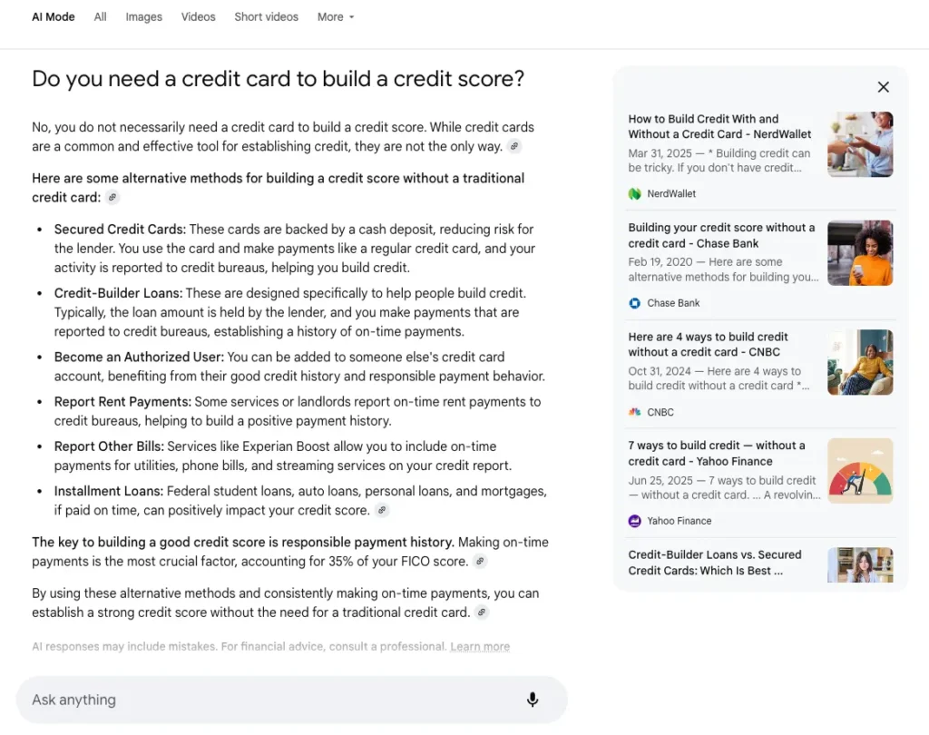 Yahoo Finance being included in sources cited in AI Mode for "Do you need a credit card to build a credit score?"
