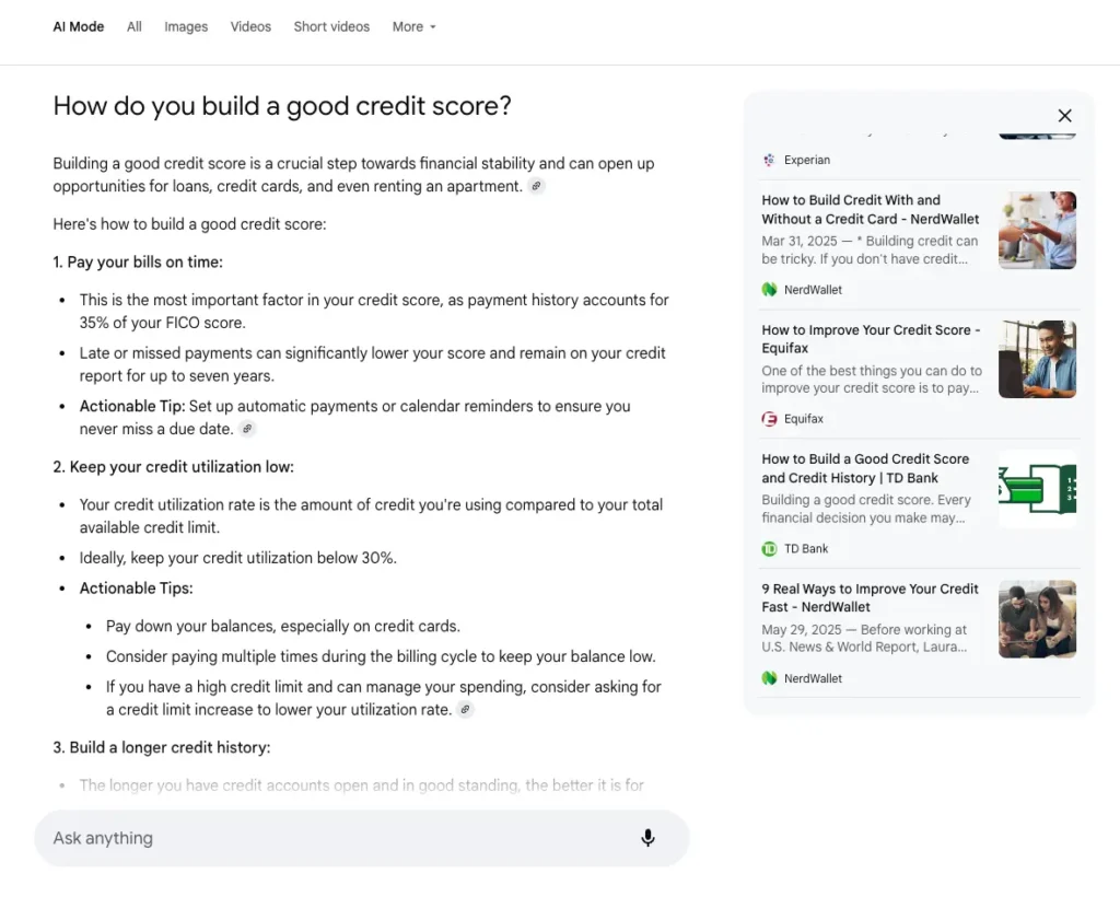 NerdWallet being cited twice in AI Mode for "How do you build a good credit score?"
