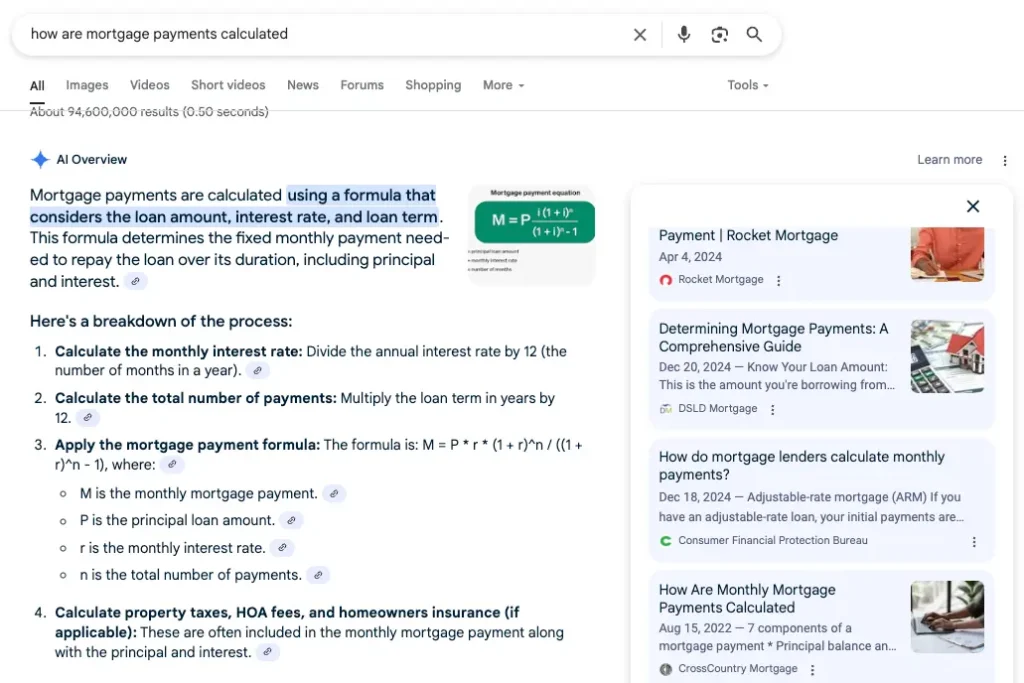 DSLD Mortgage featuring for "How are mortgage payments calculated" in AI Overviews