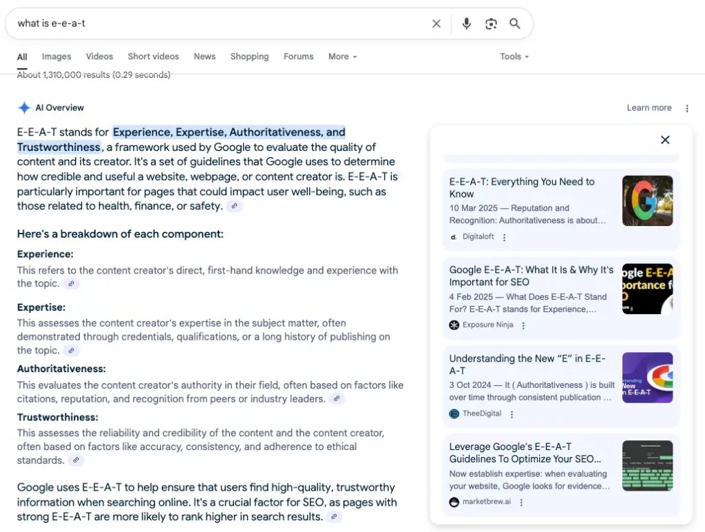 Exposure Ninja's Google E-E-A-T: What It Is & Why It's Important for SEO blog ranking in AI Overview for "What is E-E-A-T"