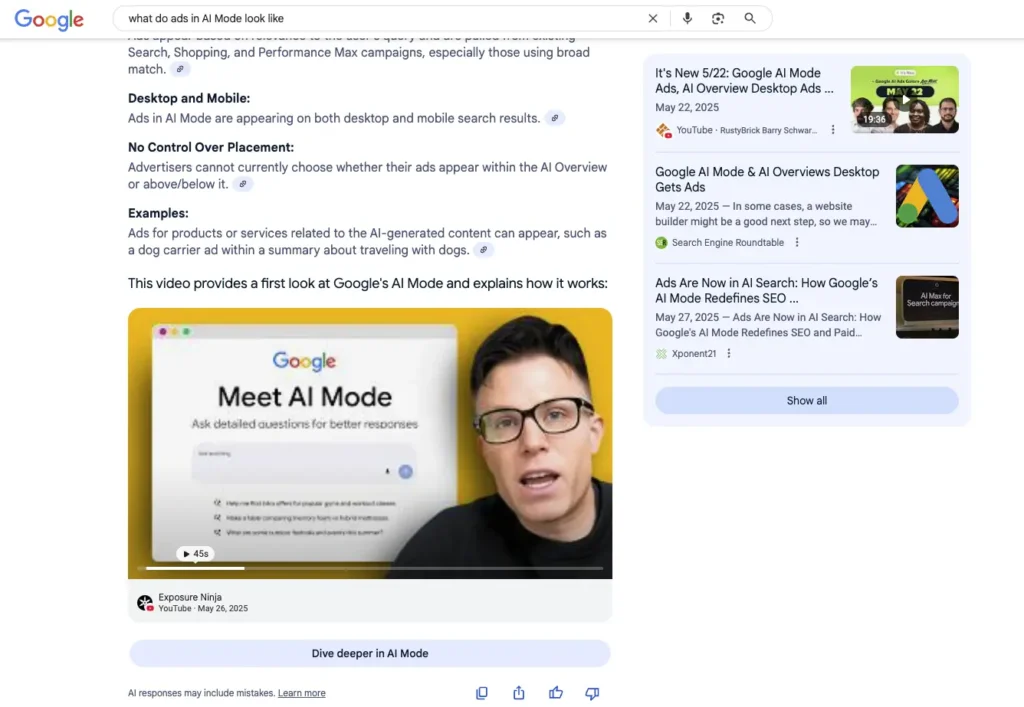 Exposure Ninja's video on AI Mode being included in AI Overviews for "What do ads in AI Mode look like?"