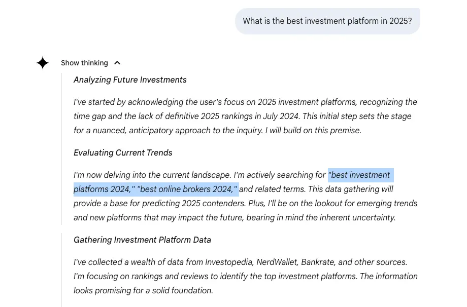 Gemini Show Thinking for "What is the best investment platform in 2025"