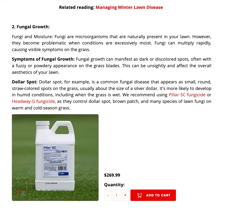 Integration of product recommendations and add to cart functionality in Golf Course Lawn Store's blog