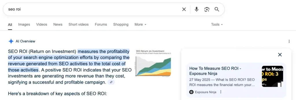 Exposure Ninja's How to Measure SEO ROI blog being referenced in the AI Overview for "SEO ROI"