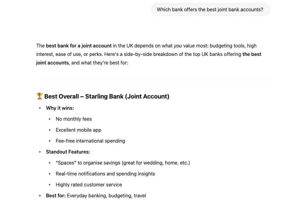 Prompt "Which bank offers the best joint bank accounts" in ChatGPT showing a list without a background search.