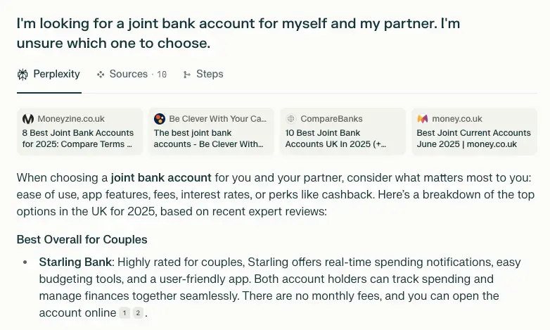 Prompt "I'm looking for a joint bank account for myself and my partner. I'm unsure which one to choose." in Perplexity showing a background search to provide the answer.