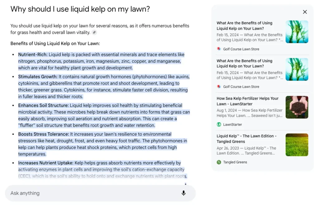 Golf Course Lawn Store What Are The Benefits of Using Liquid Kelp on Your Lawn being referenced twice in AI Mode to "Why should I use liquid kelp on my lawn"