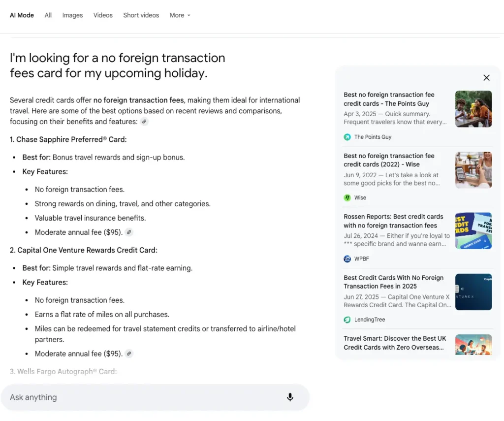 The Points Guy "Best No Foreign Transaction Fee Credit Cards" blog being cited in AI Mode for "I'm looking for a no foreign transaction fees card for my upcoming holiday"