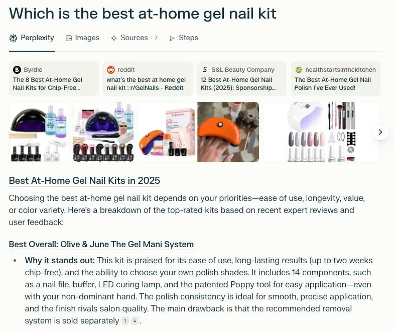 Perplexity response to Which is the best at-home gel nail kit with a list of recommendations and cited sources