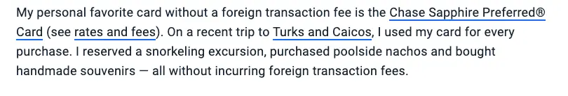 The Points Guy "Best No Foreign Transaction Fee Credit Cards" blog includes personal commentary like "my personal favourit card" and "On a recent trip to Turks and Caicos, I used my card"