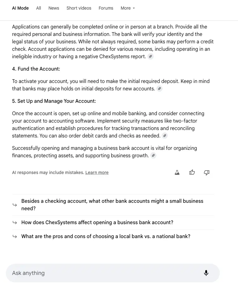Recommended questions in Google's AI Mode, such as "Besides a checking account, what other bank accounts might a business need?"