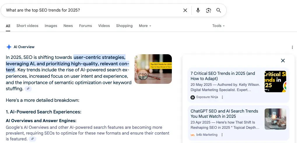 Exposure Ninja's SEO Trends blog in an AI Overview as an example of what an AI Overview looks like.