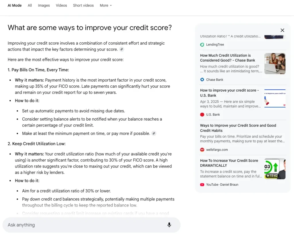 AI Mode citing YouTube video in response to "What are some ways to improve your credit score"
