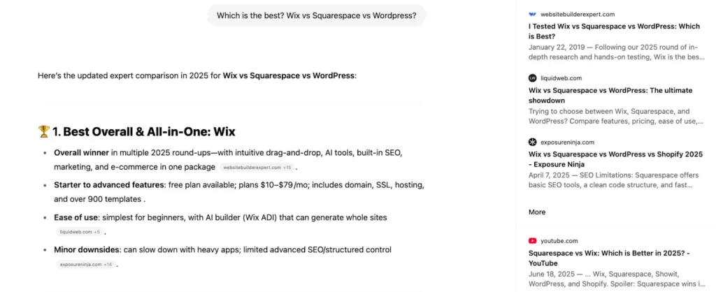 Exposure Ninja's Wix vs Squarespace vs WordPress vs Shopify 2025 blog being used as a source in ChatGPT to prompt "Which is the best? Wix vs Squarespace vs WordPress?"