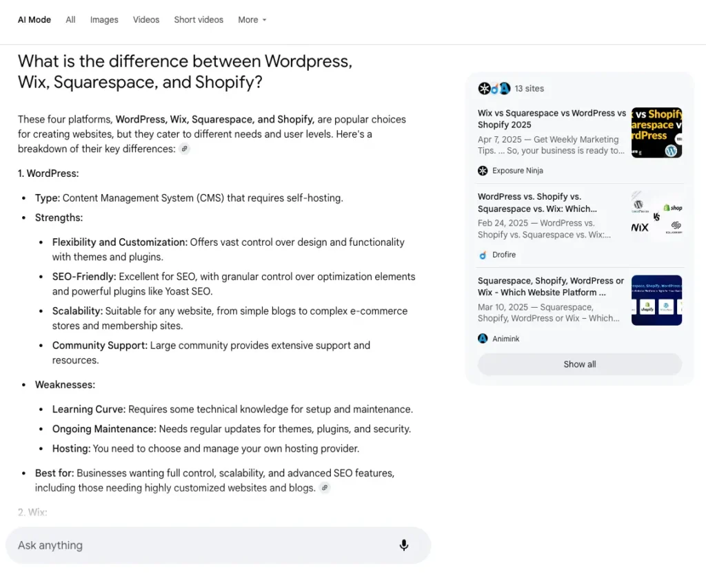 Exposure Ninja's Wix vs Squarespace vs WordPress vs Shopify 2025 blog being cited in AI Mode