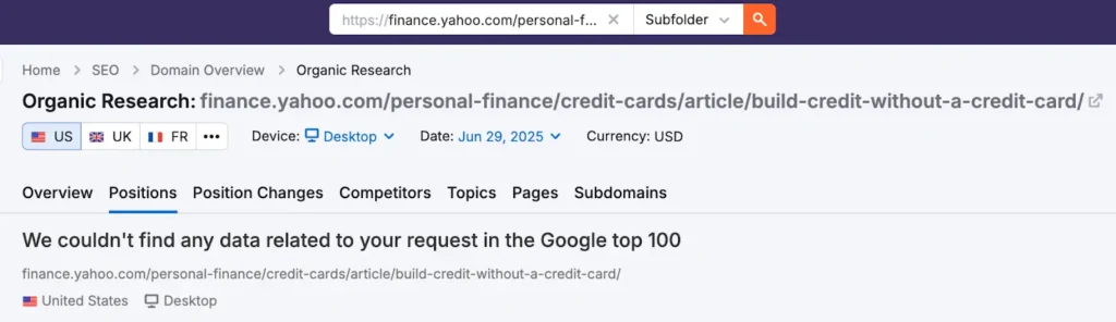 Yahoo Finance blog showing no ranking or keyword results in Semrush
