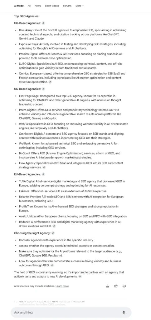 AI Mode output for top GEO agencies including Exposure Ninja in UK-Based Agencies