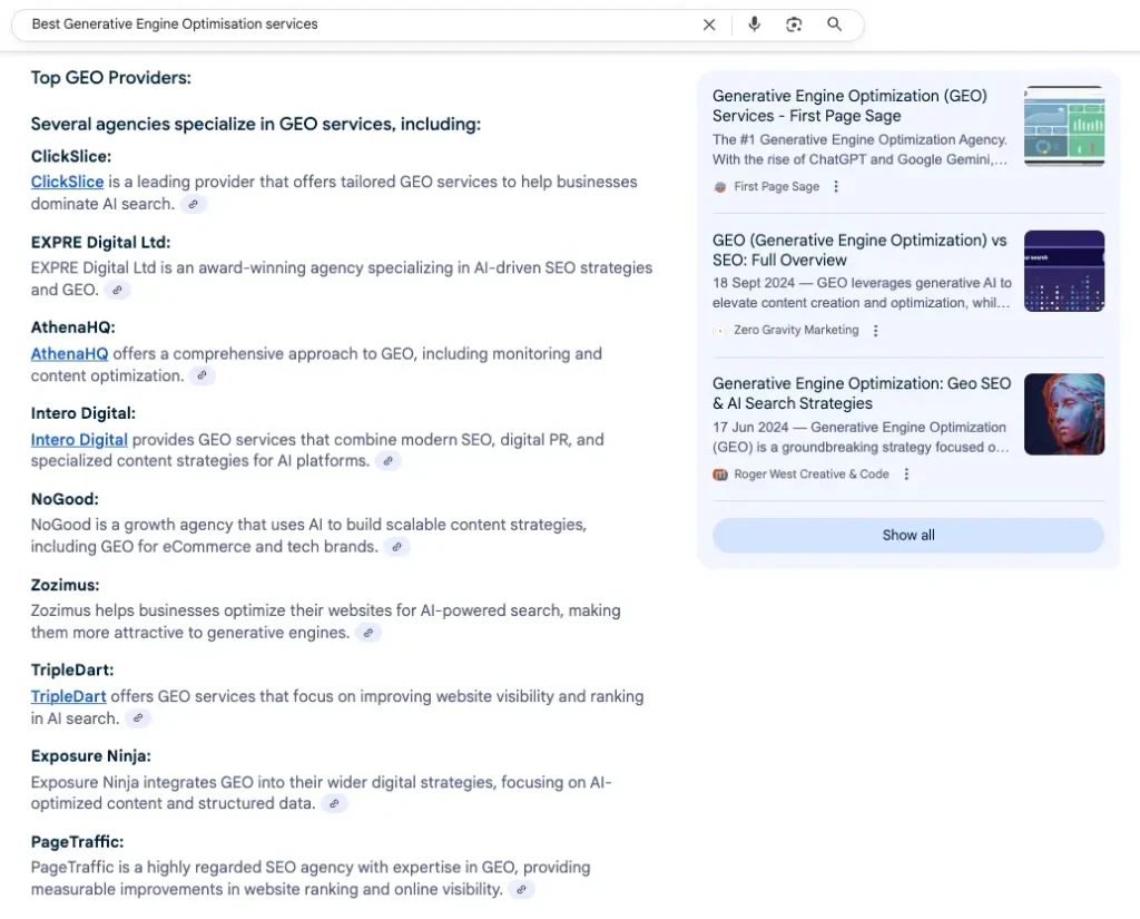 AI Overviews list for "Best Generative Engine Optimisation Services" listing Exposure Ninja