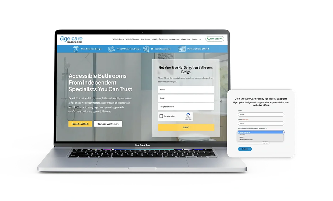A MacBook Pro displays the Age Care Bathrooms homepage with the headline "Accessible Bathrooms From Independent Specialists You Can Trust" and a quote request form, alongside a separate newsletter signup form card.