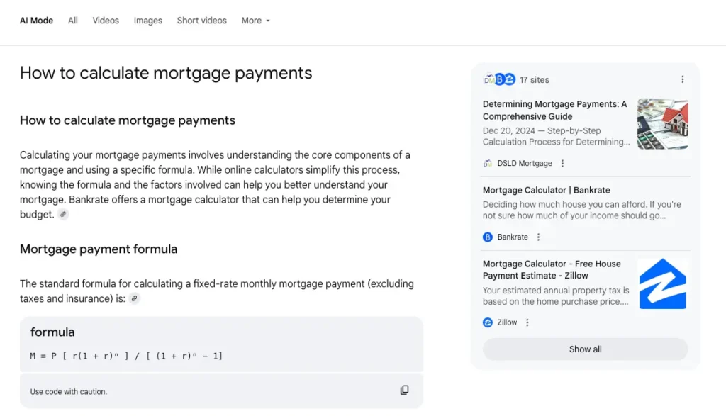 DSLD Mortgage featuring for "How to calculate mortgage payments" in AI Mode