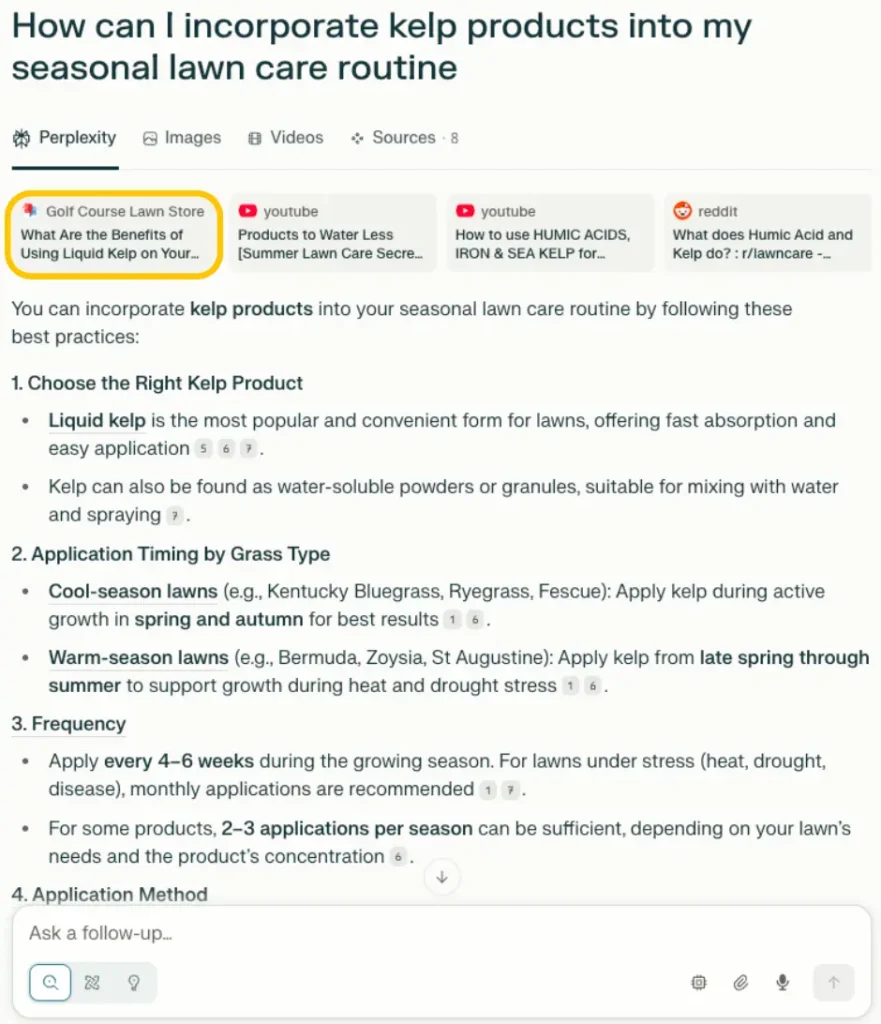 Golf Course Lawn Store's blog What Are the Benefits of Using Liquid Kelp on Your Lawn cited in Perplexity to prompt "How can I incorporate kelp products into my seasonal lawn care routine"