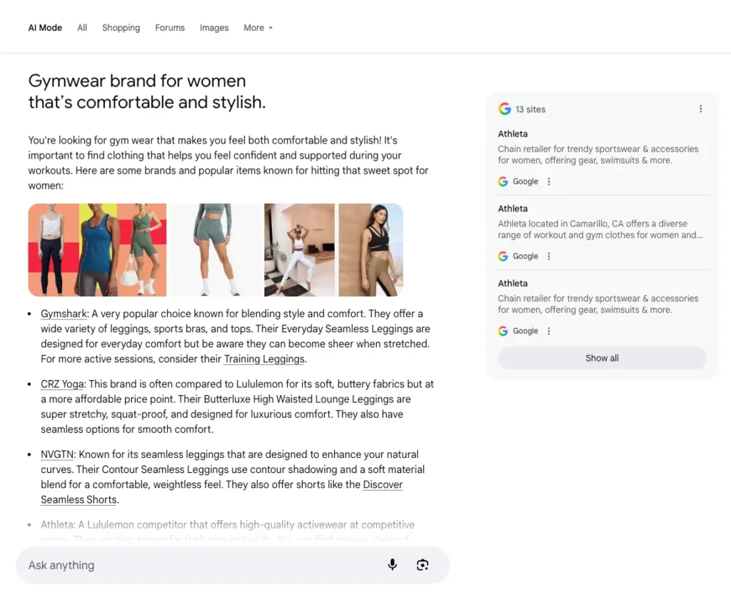 Gymshark ranking in AI Mode for "Gymwear brand for women that's comfortable and stylish"