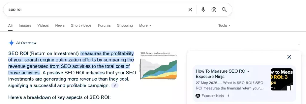 Exposure Ninja's How to Measure SEO ROI blog being referenced in the AI Overview for "SEO ROI"