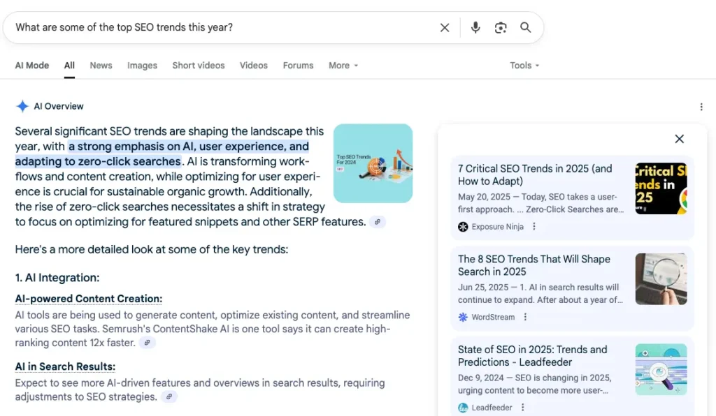 Exposure Ninja's SEO Trends Blog ranking in AI Overviews for "What are some of the top SEO trends this year?"