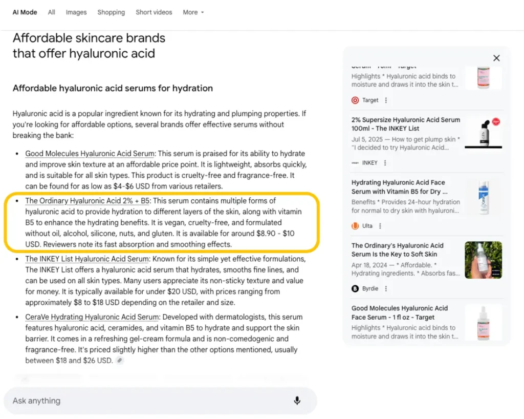 AI Mode ranking The Ordinary's Hyaluronic Acid for "Affordable skincare brands that offer hyaluronic acid"