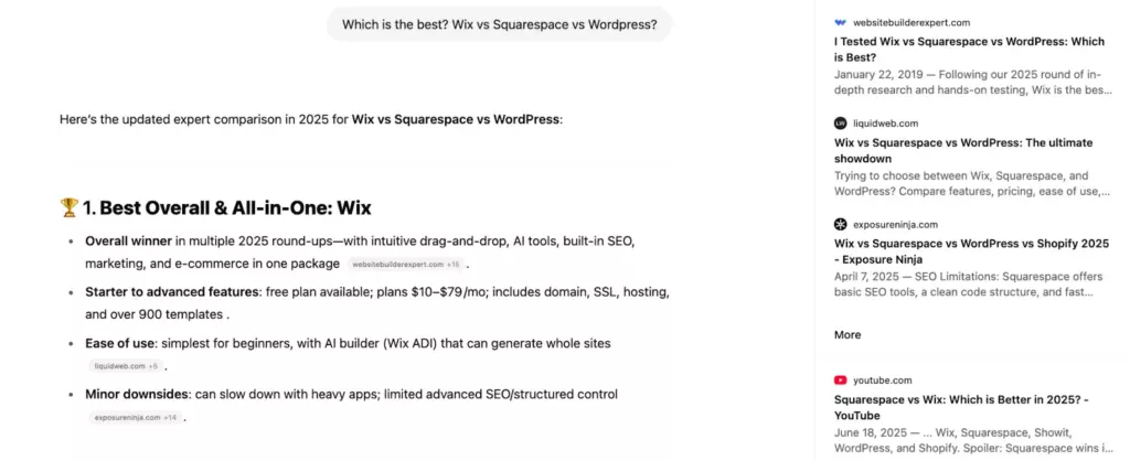 Exposure Ninja's Wix vs Squarespace vs WordPress vs Shopify 2025 blog being used as a source in ChatGPT to prompt "Which is the best? Wix vs Squarespace vs WordPress?" 