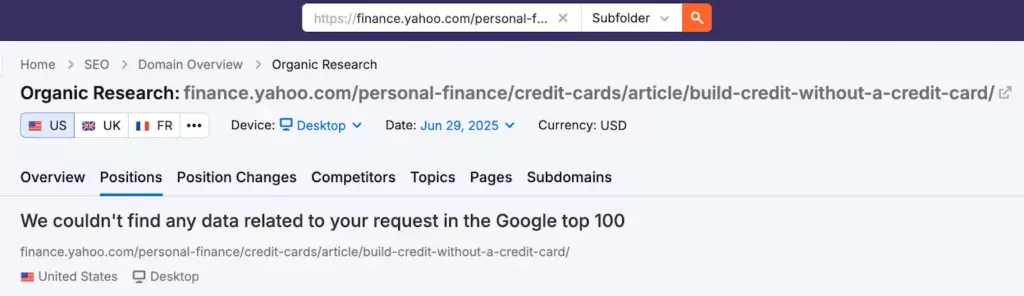 Yahoo Finance blog showing no ranking or keyword results in Semrush