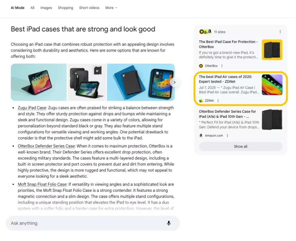 Zugu appears in AI Mode for "Best iPad cases that are strong and look good" due to ZDNet article citation