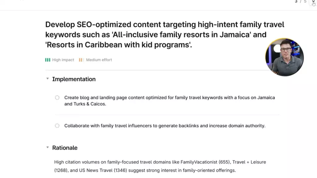 Example of Profound's Actions tool, suggesting a content brief for AI Search.
