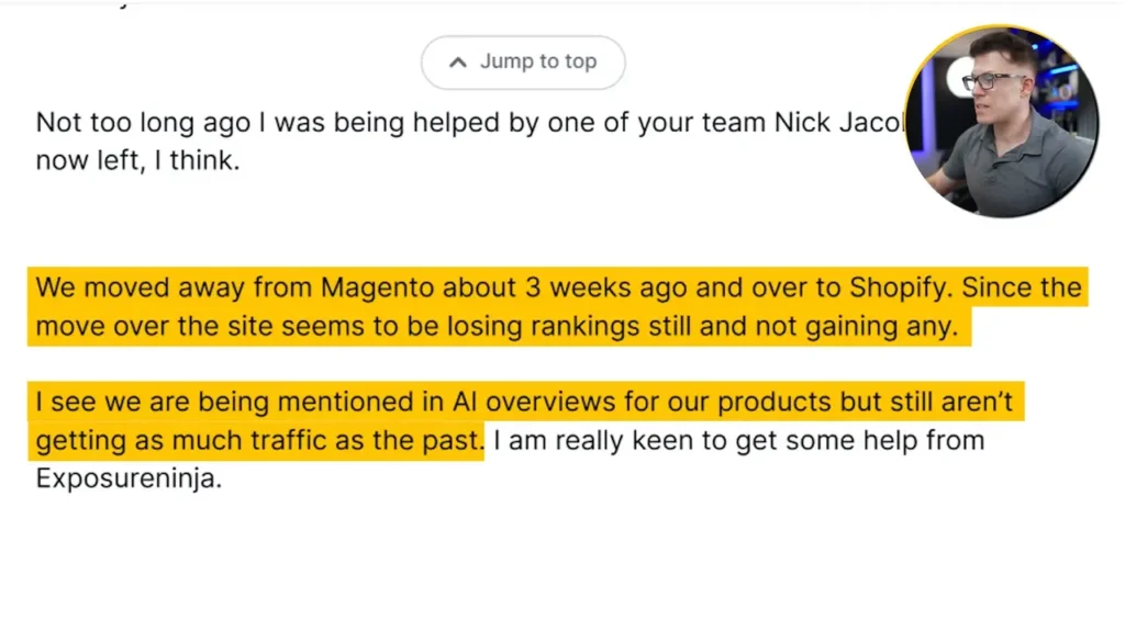 Example of an email from an old client advising that their website traffic was down after a migration.