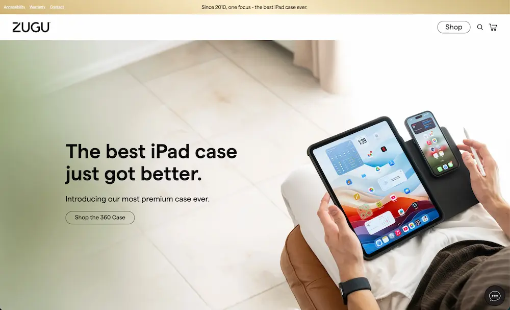Zugu website homepage showing "The best iPad case just got better" headline beside a photo of a person holding an iPad and iPhone in Zugu cases