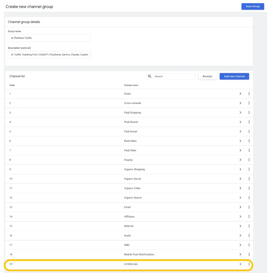 AI Referrals channel at the bottom of default group list highlighted with a yellow box.