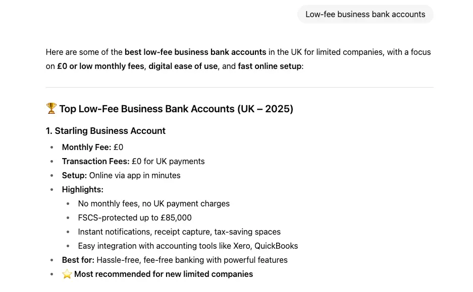 ChatGPT response to "low-fee business bank accounts" listing Starling Business Account as number one without a background search