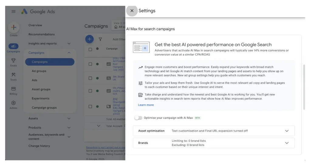 Google Ads AI Max for search campaigns setting in Google Ads account