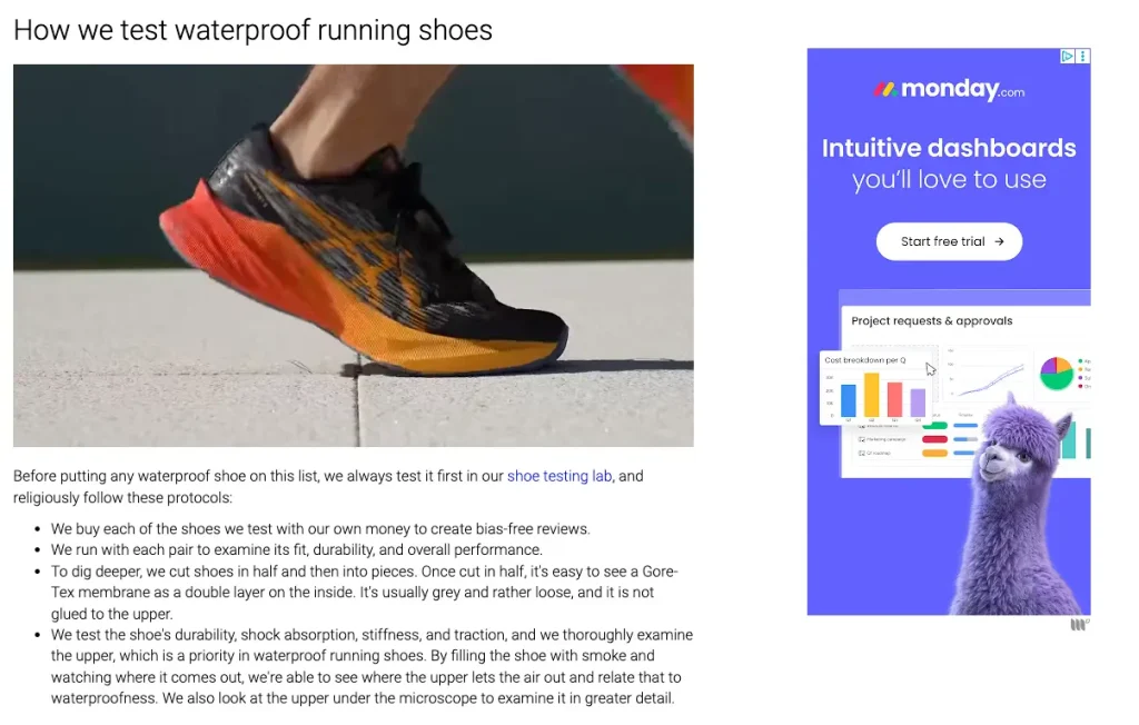 Google Ads Display Campaign showing Monday ad alongside a blog on waterproof running shoes