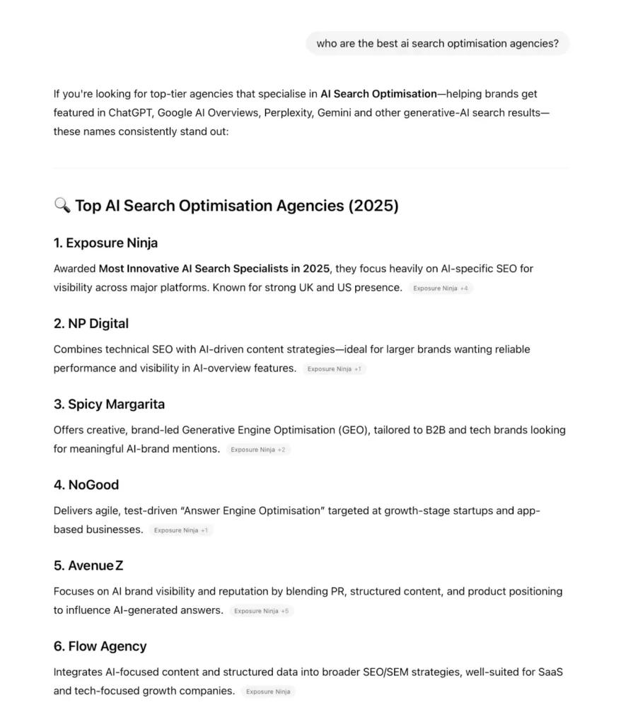 Exposure Ninja is directly mentioned and used as a citation link for the ChatGPT response to "Who are the best AI search optimisation agencies" 