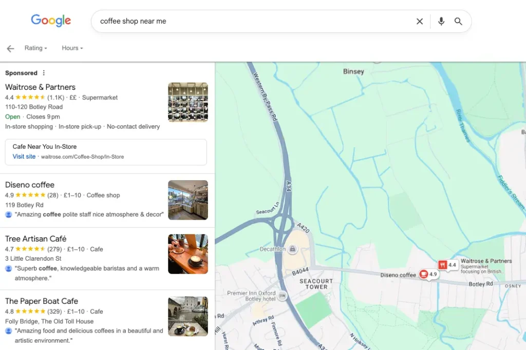 Google Ads Local Campaign showing Sponsored Waitrose & Partners ad for "coffee shop near me" in Google Maps