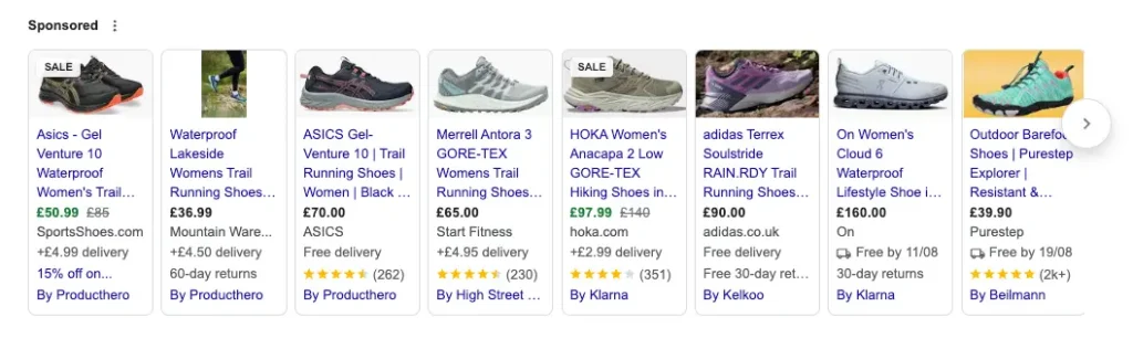 Google Ads Shopping Campaign showing a row of sponsored shoe ads for "waterproof running shoes for women"