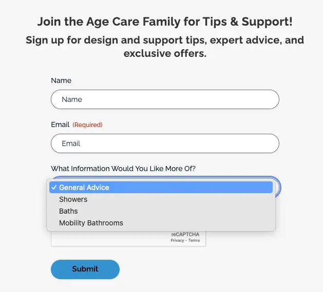 Age Care Bathrooms Segmented Email Signup