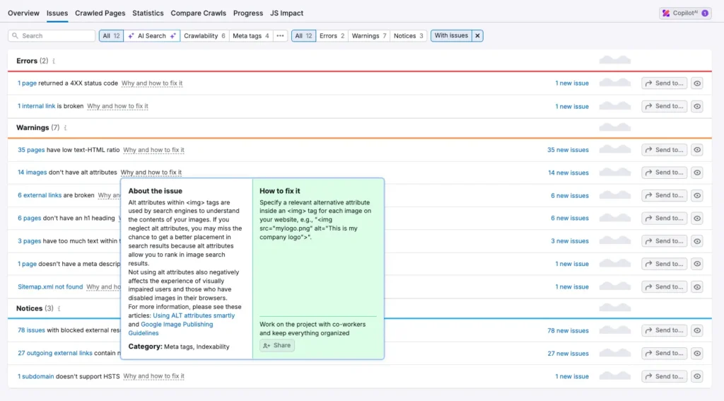 Semrush Technical SEO Audit with recommendations on how to fix issues