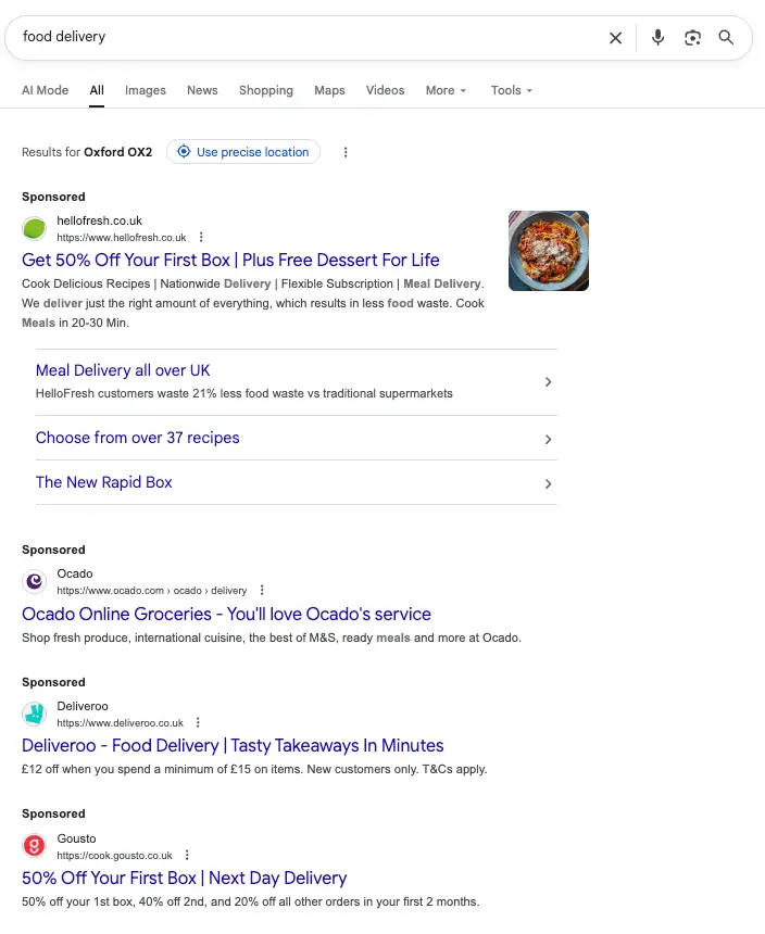 Hello Fresh sponsored ad for "food delivery" on Google including a picture of food, helping it stand out from other sponsored ads targeting the same term