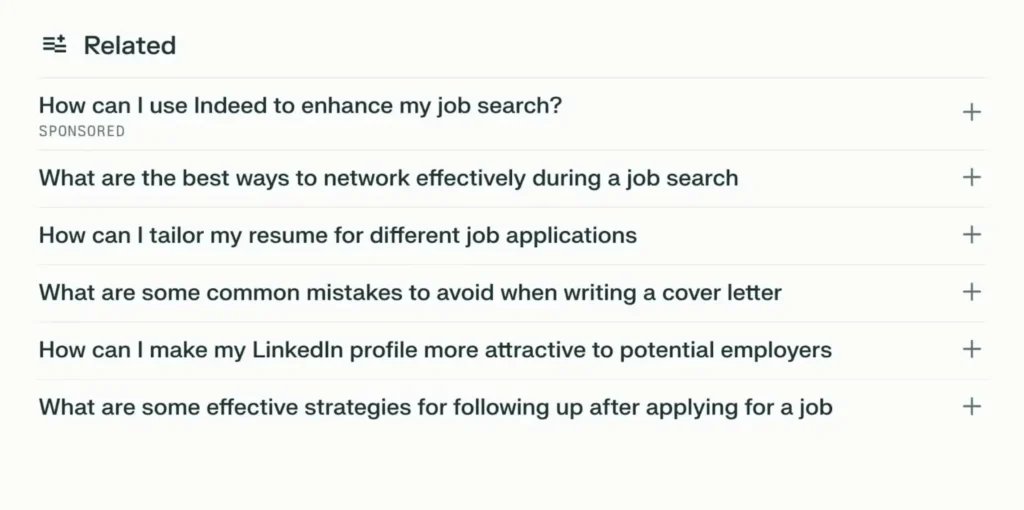 Screenshot of a job-search FAQ section titled ‘Related,’ featuring questions on using Indeed, networking during a job search, tailoring a resume, writing a cover letter, improving a LinkedIn profile, and effective follow-up strategies.