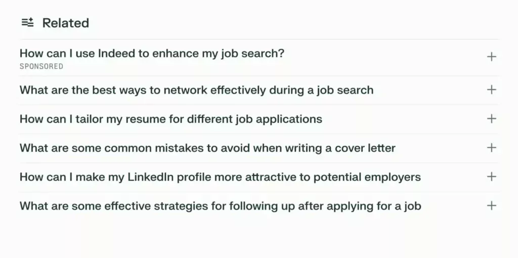 Screenshot of a job-search FAQ section titled ‘Related,’ featuring questions on using Indeed, networking during a job search, tailoring a resume, writing a cover letter, improving a LinkedIn profile, and effective follow-up strategies.
